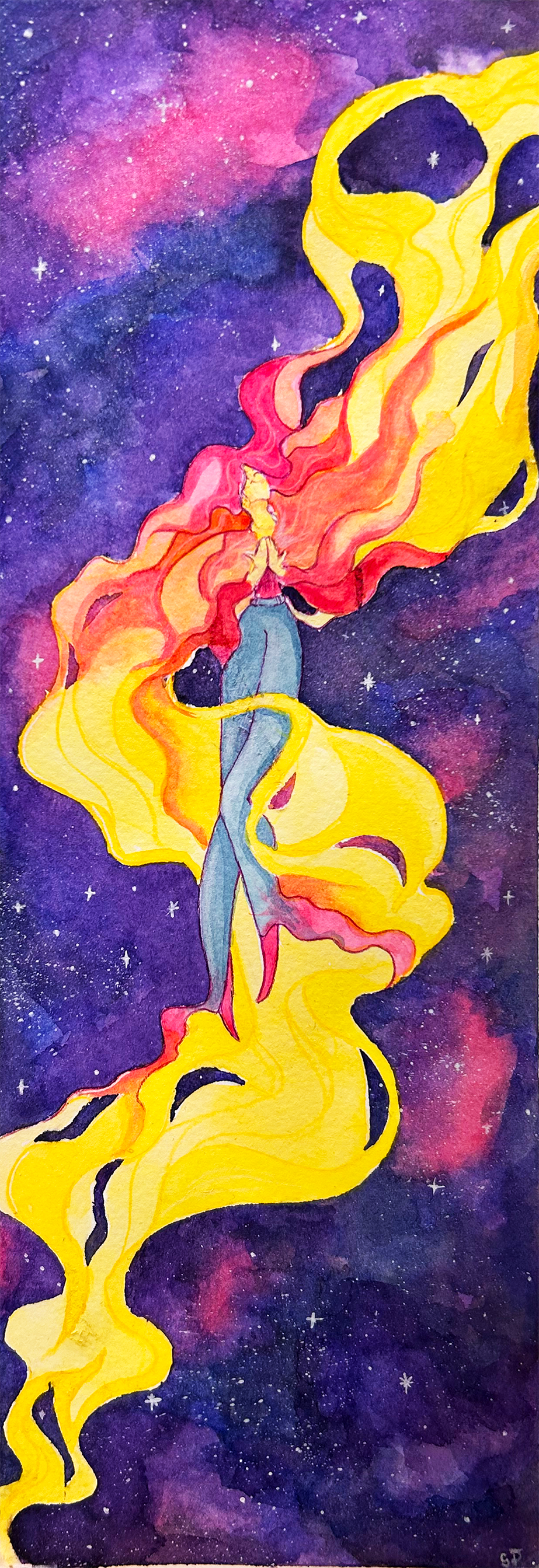 girl on galaxy background with pink and yellow swirls around her